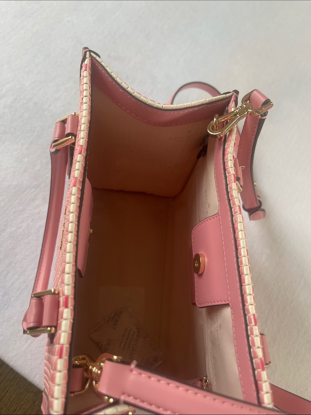 kate spade Pink and Cream Woven Top-Handle Satchel with Crossbody Strap - Picture 5 of 11